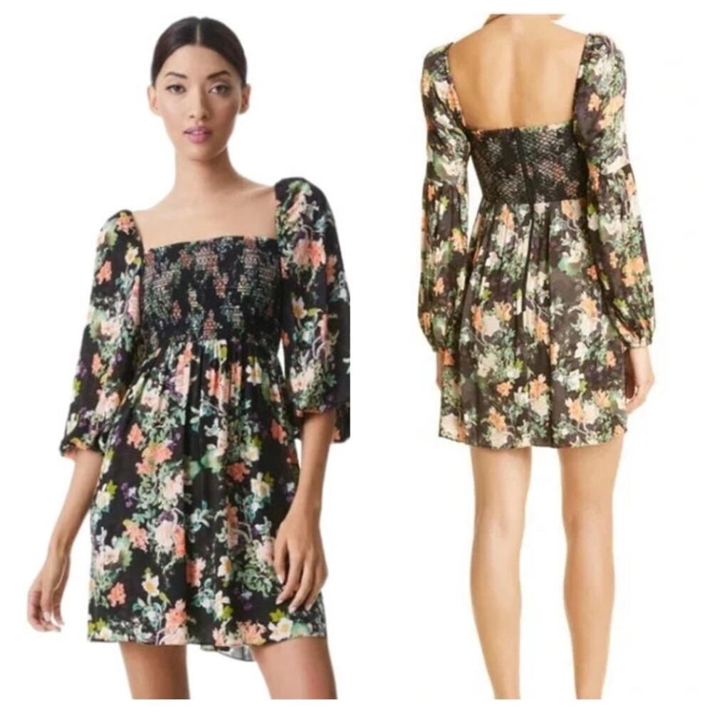 Alice + Olivia Cooper Dress Smocked Floral Mini Long Sleeve Boho Flowers Size 4